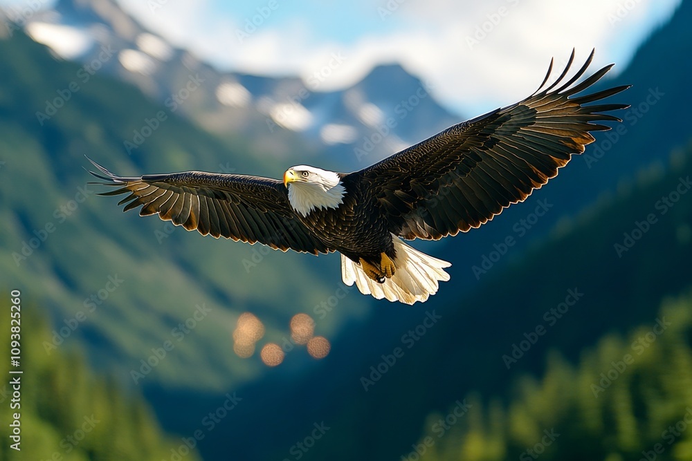 Fototapeta premium An American eagle flying over a Fourth of July parade, fireworks bursting in the background