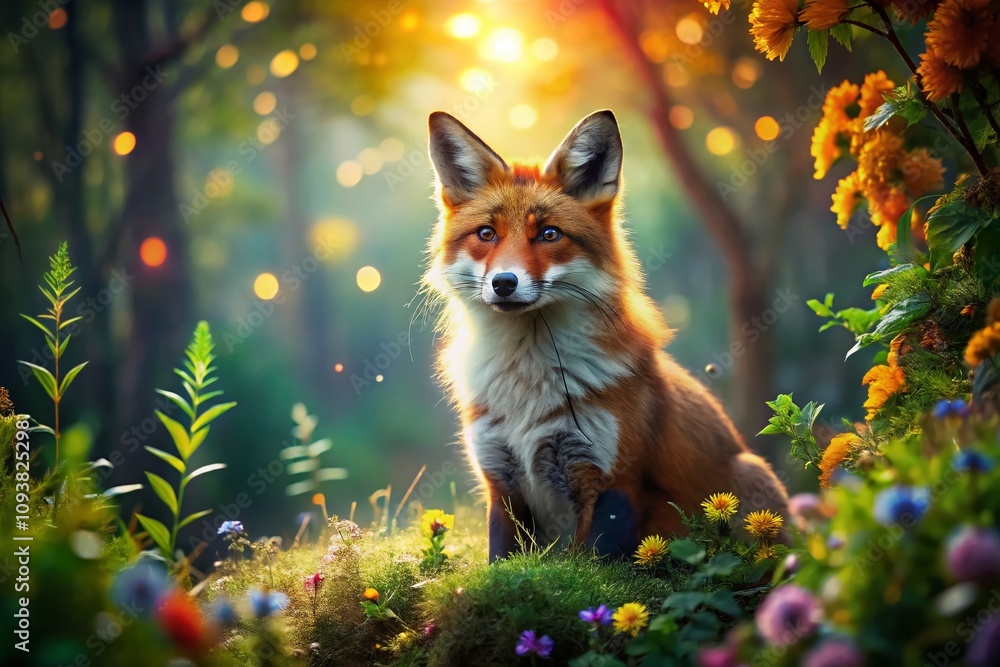 Obraz premium Captivating Red Fox Amidst a Dreamy Forest Landscape with Bokeh Effect, Showcasing Nature's Beauty and Wildlife in a Serene and Enchanting Environment