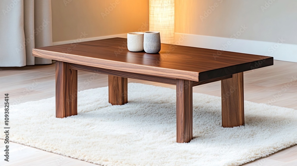 Elegant Dark Walnut Wood Coffee Table on Plush Cream Rug in Warm Ambient Lighting Elegant Dark Walnut Wood Coffee Table on Plush Cream Rug in Warm Ambient Lighting
