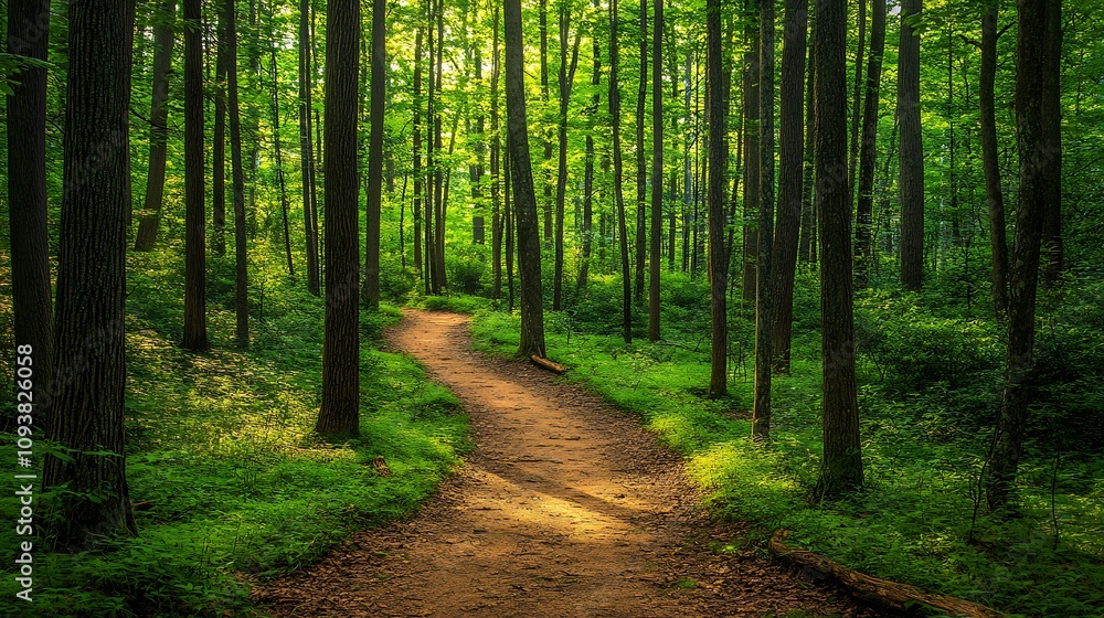 A scenic wilderness trail winding through dense forests, with a camper walking towards an adventure. A scenic wilderness trail winding through dense forests, with a camper walking towards an adventure.