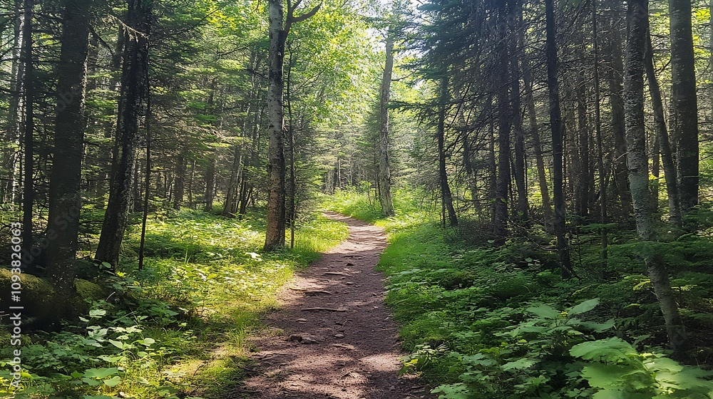 Fototapeta premium A scenic wilderness trail winding through dense forests, with a camper walking towards an adventure. 