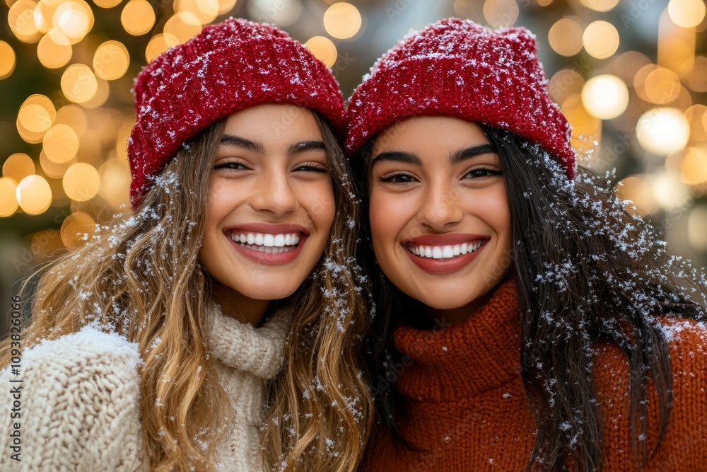 Smiling young hispanic females in winter attire with festive lights in background Smiling young hispanic females in winter attire with festive lights in background