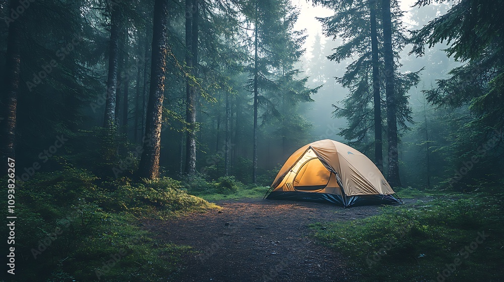 A serene campsite in a dense forest with a pitched tent surrounded by tall green trees, lit by the soft glow of a morning sunbeam. A serene campsite in a dense forest with a pitched tent surrounded by tall green trees, lit by the soft glow of a morning sunbeam.