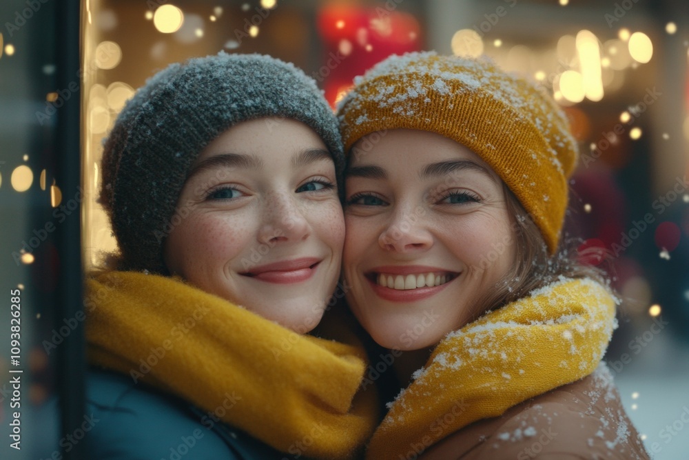 Caucasian young females smiling in snowy winter scene with yellow scarves and wool hats Caucasian young females smiling in snowy winter scene with yellow scarves and wool hats
