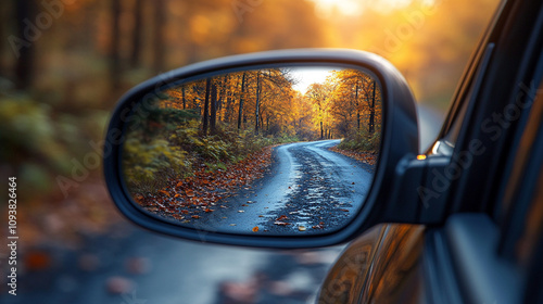 Reflection of a sunny autumn road in a car's side mirror with vibrant fall foliage showing the journey ahead captured in the rearview mirror symbolizing nostalgia and looking back while moving forward