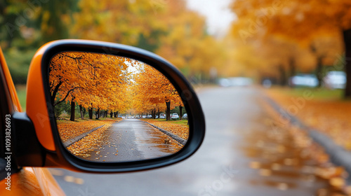 Reflection of a sunny autumn road in a car's side mirror with vibrant fall foliage showing the journey ahead captured in the rearview mirror symbolizing nostalgia and looking back while moving forward