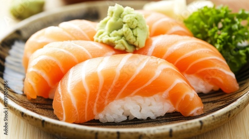 Fresh Salmon Sashimi Plated Artfully with Wasabi and Garnishes on a Wooden Table, Showcasing Culinary Delicacy in Japanese Cuisine and Food Presentation