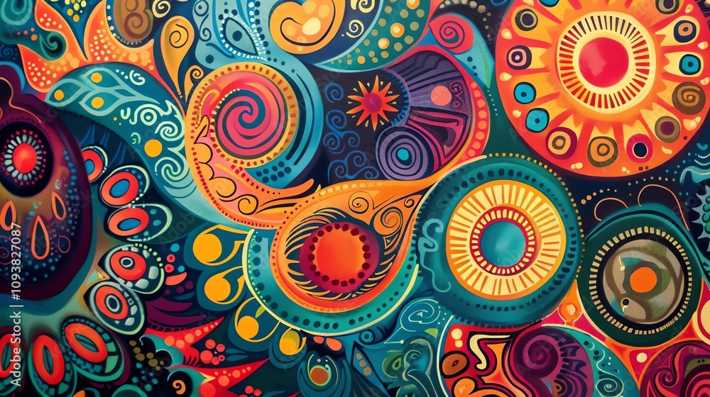 Fototapeta premium A colorful abstract pattern with swirls, dots, and circles.