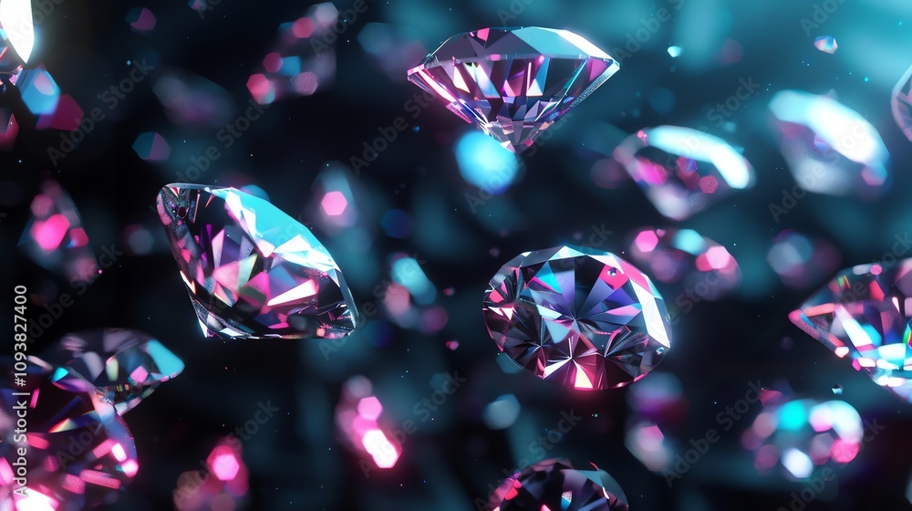 A close up of sparkling diamonds against a dark blue background with pink and blue lighting. A close up of sparkling diamonds against a dark blue background with pink and blue lighting.