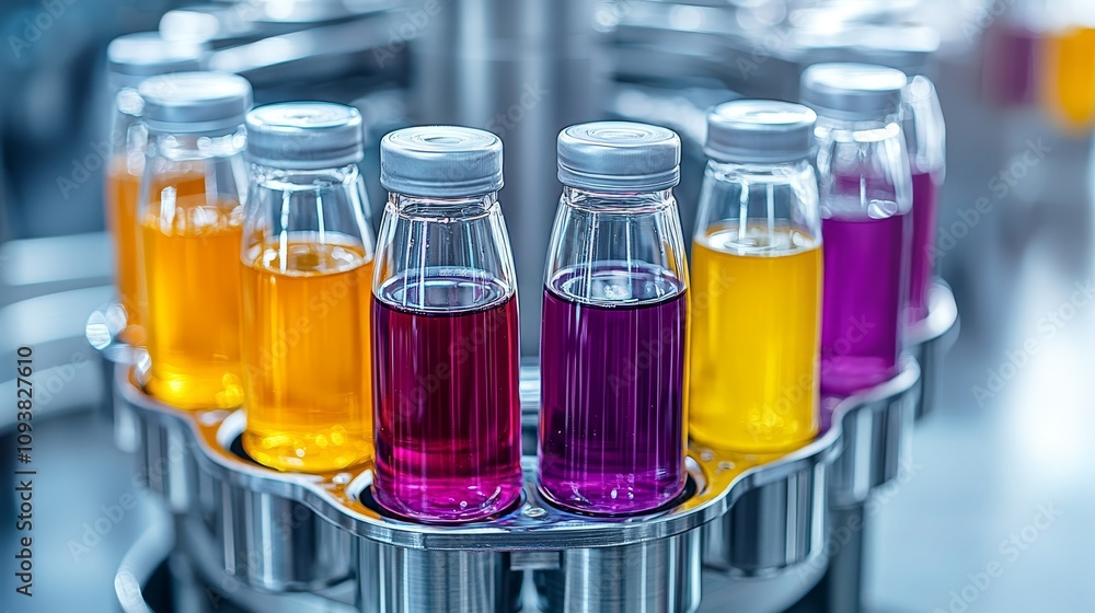 Automated juice filling line, colorful fruit beverages in glass bottles, clean and organized factory floor, advanced machinery, efficiency and precision Automated juice filling line, colorful fruit beverages in glass bottles, clean and organized factory floor, advanced machinery, efficiency and precision