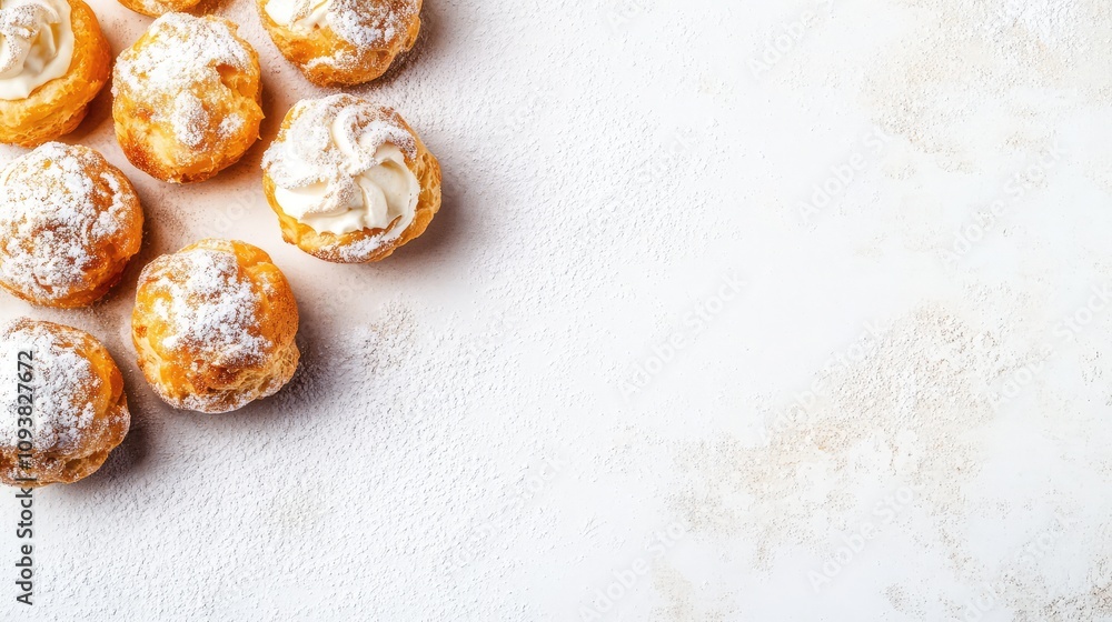 Delicious Cream Puffs on a Light Background with Sugar Dusting Perfect for Dessert Lovers and Pastry Enthusiasts in a Bakery Setting Delicious Cream Puffs on a Light Background with Sugar Dusting Perfect for Dessert Lovers and Pastry Enthusiasts in a Bakery Setting