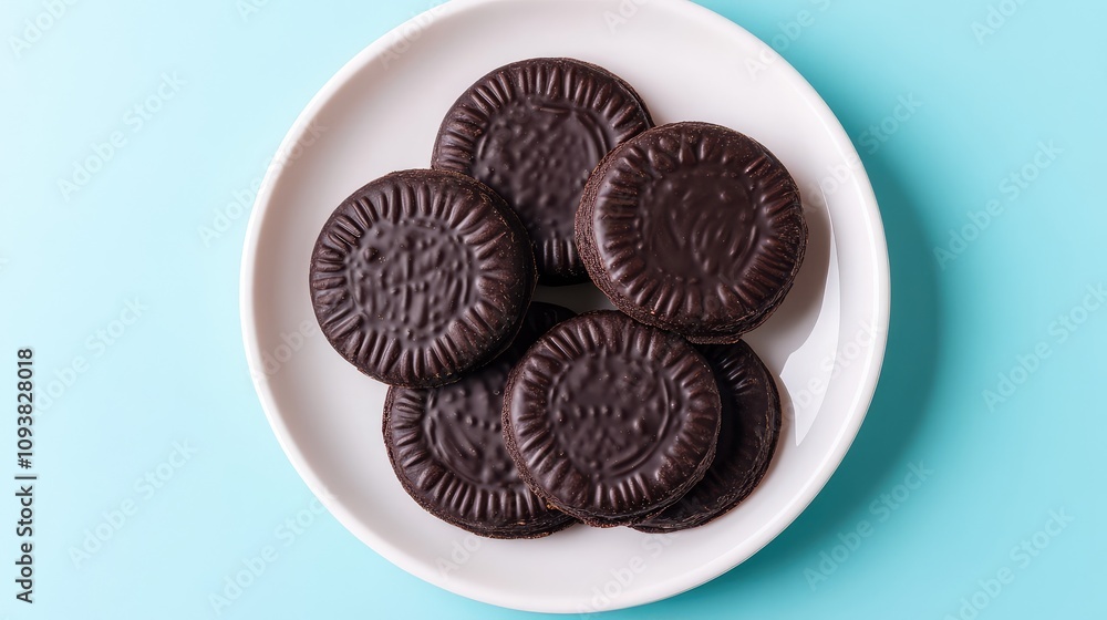 A Delicious Arrangement of Round Chocolate Cookies on a White Plate Against a Soft Blue Background, Perfect for Dessert Lovers and Snack Enthusiasts A Delicious Arrangement of Round Chocolate Cookies on a White Plate Against a Soft Blue Background, Perfect for Dessert Lovers and Snack Enthusiasts