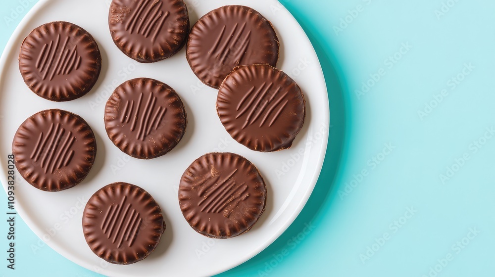 Delicious Chocolate Coated Cookies on a Round White Plate Against a Light Blue Background, Perfect for Dessert, Snack or Food Photography, Appealing Treat Presentation Delicious Chocolate Coated Cookies on a Round White Plate Against a Light Blue Background, Perfect for Dessert, Snack or Food Photography, Appealing Treat Presentation