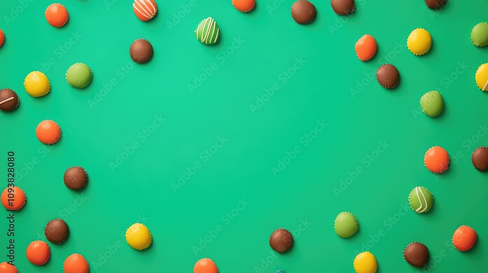 Colorful Chocolate Candies Spread Across a Bright Green Background Creating a Fun and Vibrant Atmosphere for Delicious Treats and Celebrations