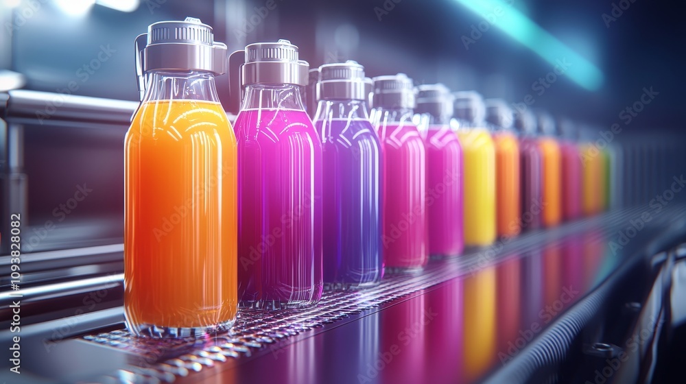 Bright fruit juice bottles being filled on an automated production line, shiny equipment and vibrant colors of beverages creating a dynamic, clean scene Bright fruit juice bottles being filled on an automated production line, shiny equipment and vibrant colors of beverages creating a dynamic, clean scene