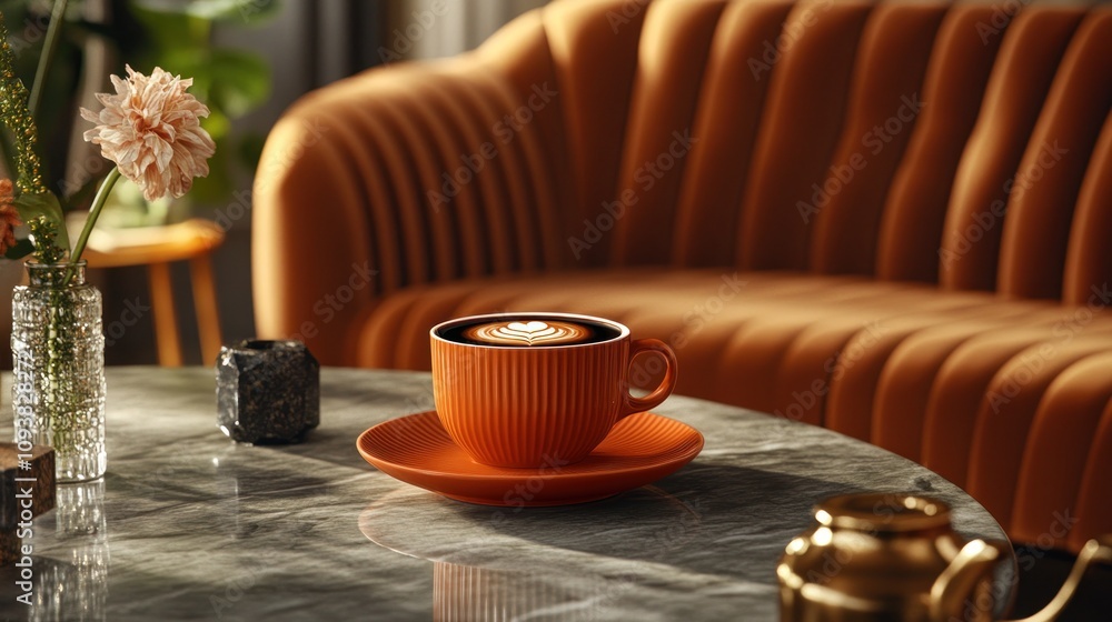 Latte art in orange cup on marble table. Latte art in orange cup on marble table.
