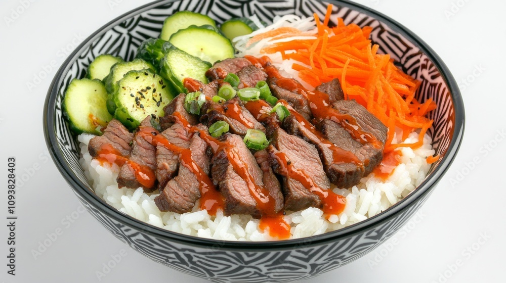 Delicious Beef Rice Bowl with Fresh Vegetables and Spicy Sauce Served in a Decorative Bowl on a Light Background Delicious Beef Rice Bowl with Fresh Vegetables and Spicy Sauce Served in a Decorative Bowl on a Light Background