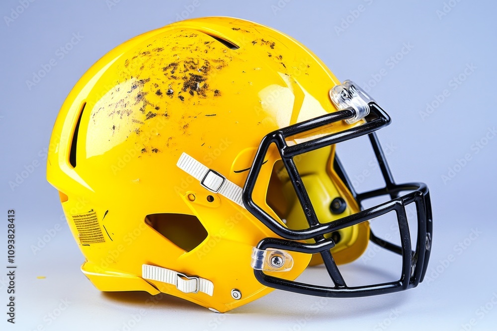Fototapeta premium Football American helmet close-up, showing scuffs and scratches that tell the story of a hard-fought game