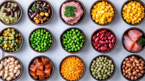 Colorful Assortment of Fresh Vegetables and Proteins Displayed in Bowls, Perfect for Healthy Meal Prep, Cooking, and Food Photography Needs