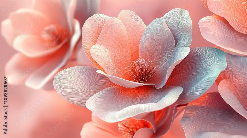 Close-up of 3D magnolia flowers in soft pastel tones, abstract background with smooth petals, perfect for luxury product advertisements, elegant and modern design Close-up of 3D magnolia flowers in soft pastel tones, abstract background with smooth petals, perfect for luxury product advertisements, elegant and modern design