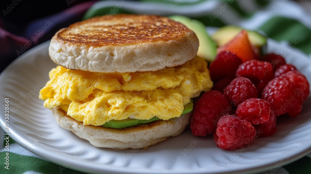 Delicious Breakfast Sandwich with Fluffy Eggs, Sliced Avocado, and Fresh Berries on a White Plate Surrounded by Colorful Linens Delicious Breakfast Sandwich with Fluffy Eggs, Sliced Avocado, and Fresh Berries on a White Plate Surrounded by Colorful Linens
