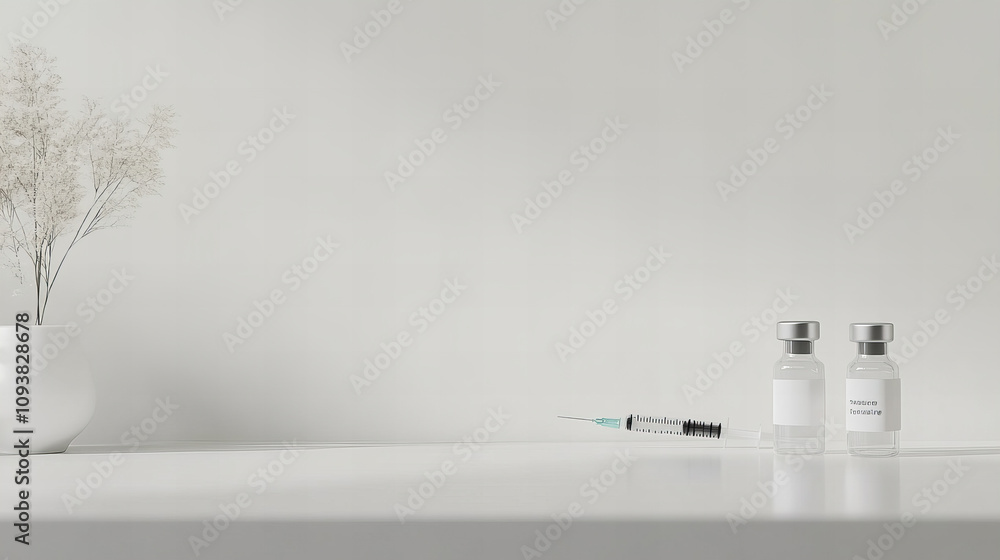 Clean workspace with vials and syringe indicating medical preparation in a clinical setting Clean workspace with vials and syringe indicating medical preparation in a clinical setting