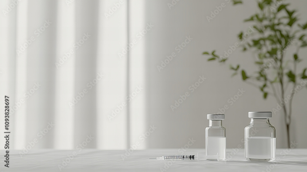 Medical vials and syringe on a clean surface with natural light in a serene environment Medical vials and syringe on a clean surface with natural light in a serene environment