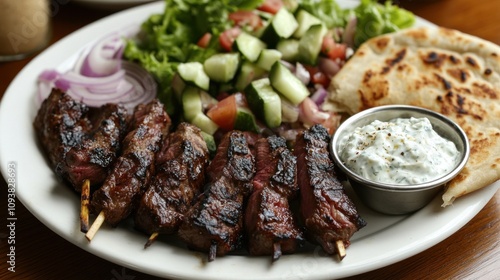 Delicious Grilled Beef Skewers with Tzatziki, Salad, and Pita Bread photo