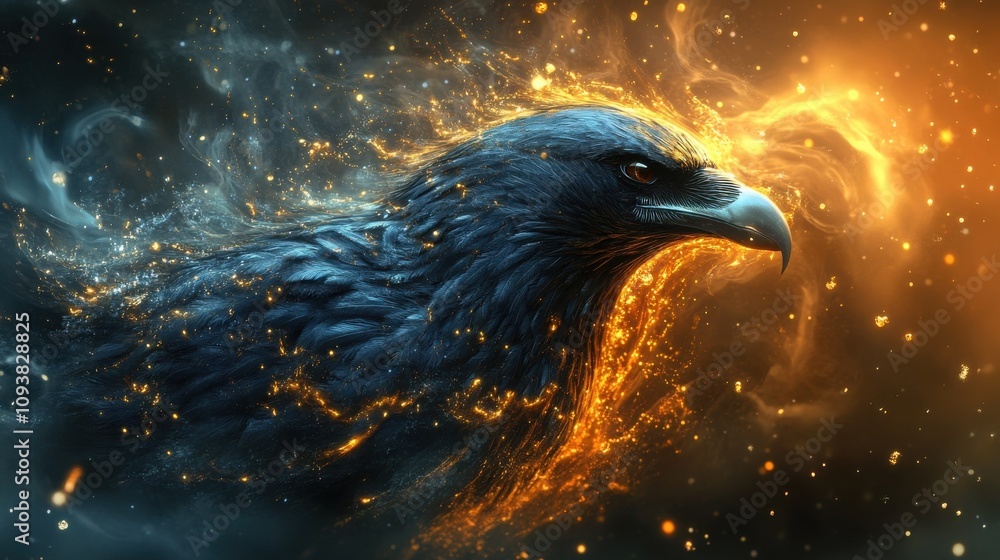 Fototapeta premium Fiery eagle portrait, digital art. A majestic bird of prey, engulfed in swirling flames and cosmic dust. Dark and golden hues dominate this stunning piece.