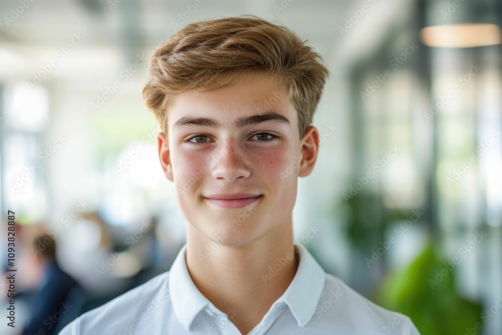 Close-up of a confident young European man. Young handsome man, teenage leader, CEO, male businessman on blurred office background. Handsome young European businessman smiles at the camera Close-up of a confident young European man. Young handsome man, teenage leader, CEO, male businessman on blurred office background. Handsome young European businessman smiles at the camera