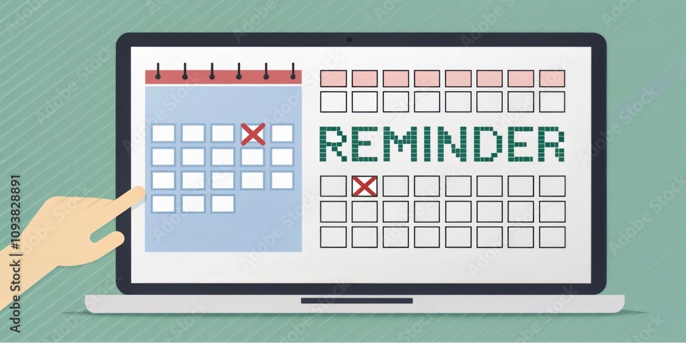 Digital Calendar Display The screen shows a monthly calendar with pixelated numbers neatly arranged with a highlighted date marking a reminder in blocky letters. Digital Calendar Display The screen shows a monthly calendar with pixelated numbers neatly arranged with a highlighted date marking a reminder in blocky letters.