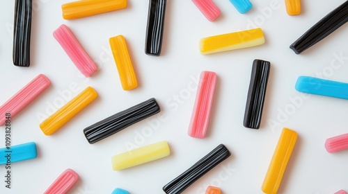 Colorful Assortment of Licorice Candy on a Clean White Background Ideal for Illustrating Sweet Treats, Food Themes, or Dessert Concepts in Food Photography