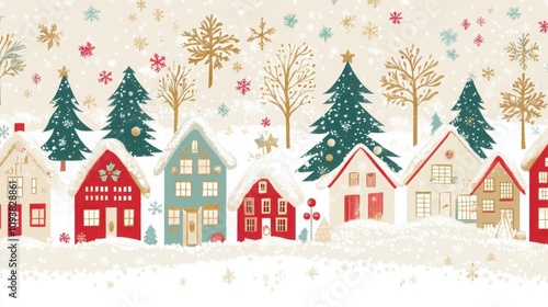 Cozy winter village scene with snow-covered houses and Christmas trees. A festive illustration perfect for holiday cards or decorations.