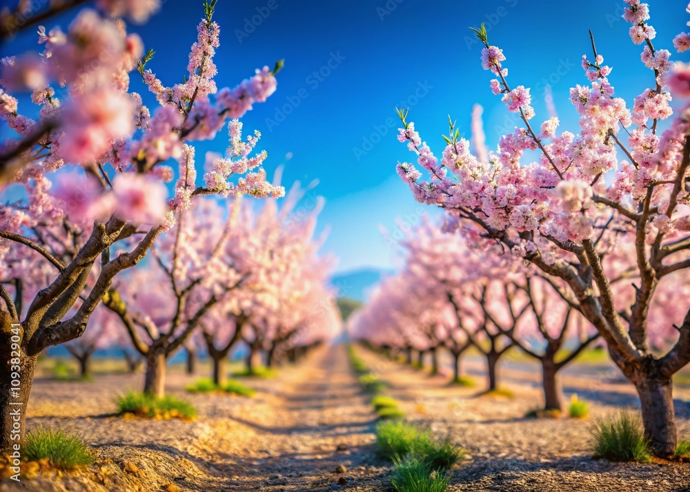 Captivating Tilt-Shift Photography of Amandes in an Enchanting Landscape, Showcasing the Delicate Beauty of Almond Trees in Bloom Under a Clear Blue Sky