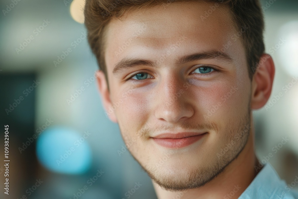 Obraz premium Close-up of a confident young European man. Young handsome man, teenage leader, CEO, male businessman on blurred office background. Handsome young European businessman smiles at the camera