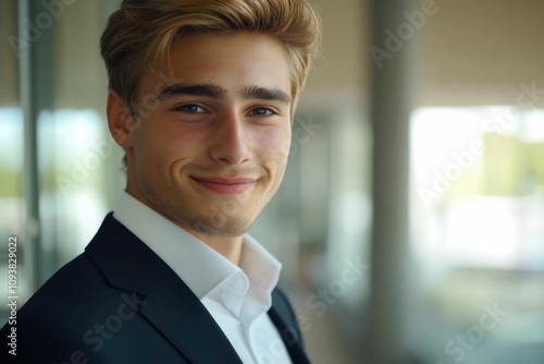 Close-up of a confident young European man. Young handsome man, teenage leader, CEO, male businessman on blurred office background. Handsome young European businessman smiles at the camera