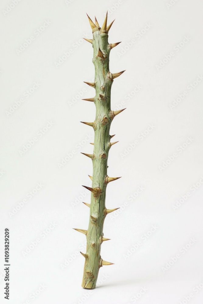 Close-up of a tall, green thorny branch against a plain white background, showcasing its sharp thorns and natural texture. Nature and botanical concept. Close-up of a tall, green thorny branch against a plain white background, showcasing its sharp thorns and natural texture. Nature and botanical concept.