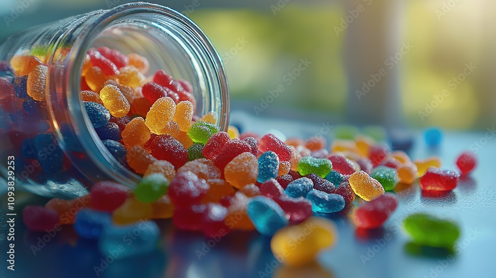 Colorful Jelly Candy Spilling from Glass Jar on Table with Sunlight Shining in Background Highlighting Sweet Treats and Delighting Senses Colorful Jelly Candy Spilling from Glass Jar on Table with Sunlight Shining in Background Highlighting Sweet Treats and Delighting Senses