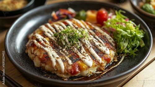 Delicious Savory Japanese Okonomiyaki Pancake Served with Fresh Vegetables and Drizzled with Sauce on a Rustic Wooden Table