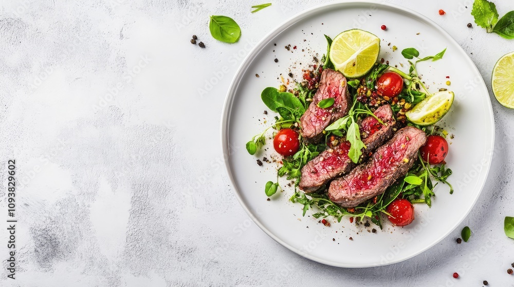 Freshly Grilled Steak Slices on a Bed of Salad with Cherry Tomatoes, Lime Wedges, and Vibrant Green Herbs Garnish for a Delicious Meal Presentation Freshly Grilled Steak Slices on a Bed of Salad with Cherry Tomatoes, Lime Wedges, and Vibrant Green Herbs Garnish for a Delicious Meal Presentation