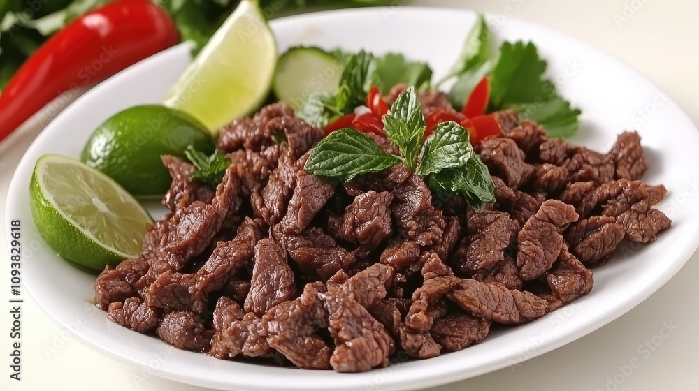 Deliciously Prepared Sliced Beef Served With Fresh Lime Wedges and Garnished with Mint Leaves, Red Chili, and Cilantro on a White Plate Deliciously Prepared Sliced Beef Served With Fresh Lime Wedges and Garnished with Mint Leaves, Red Chili, and Cilantro on a White Plate