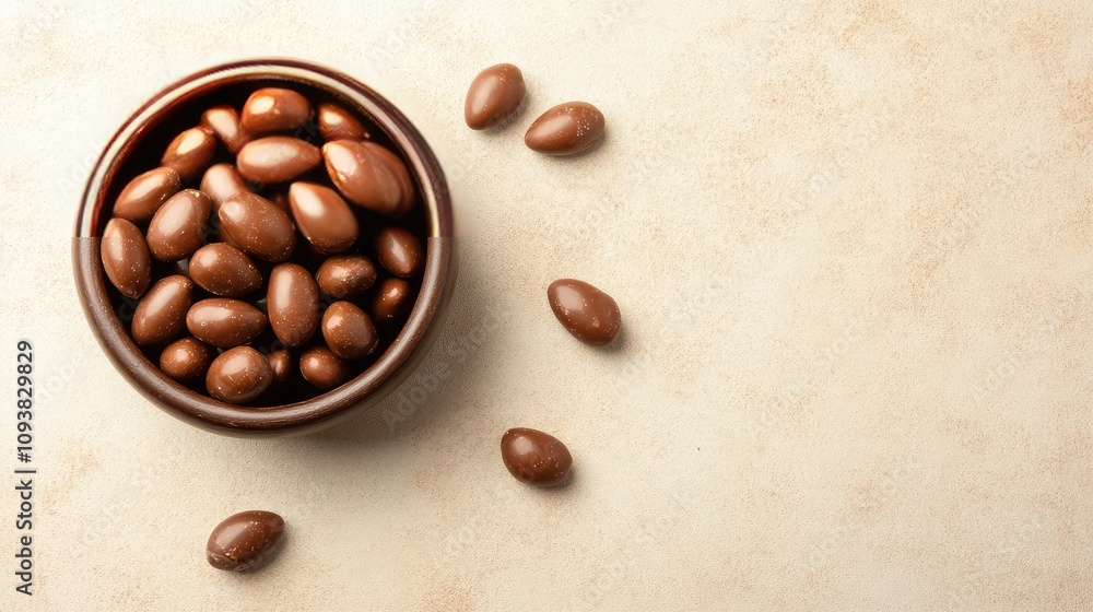 Delicious Chocolate Covered Nuts in a Brown Bowl on a Beige Background with Some Nuts Spread Around for an Appealing Food Photography Display Delicious Chocolate Covered Nuts in a Brown Bowl on a Beige Background with Some Nuts Spread Around for an Appealing Food Photography Display