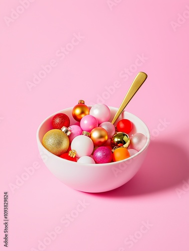 A white bowl full of red, gold, pink and orange christmas ornaments on a pink background. Christmas diet in a fun, playful style. 