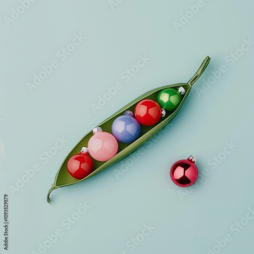 A pea pod with colorful Christmas ornaments inside on a blue pastel background. Minimal Christmas concept.
