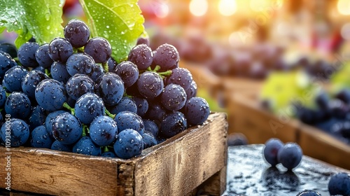 Macro shot of fresh black grapes piled in rustic wooden boxes, droplets glistening under sunlight, blurred colorful market in background