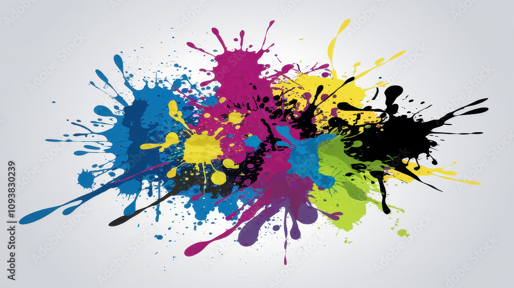Obraz premium A vibrant explosion of paint splatters in various colors, creating an energetic and artistic vibe.