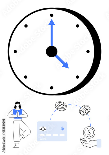 Large clock with blue hands, woman practicing yoga, credit card, money flowing to hand. Ideal for financial planning, work-life balance, wellness, time management, digital banking productivity