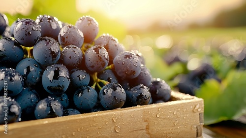 Macro shot of juicy black grapes with dewdrops, packed in wooden crates, warm sunlight and colorful street market background photo