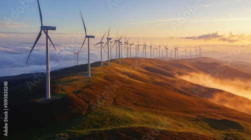 Majestic Landscape of Wind Turbines at Sunrise Over Rolling Hills with Mist and Clouds in the Background Illuminated by Warm Morning Light