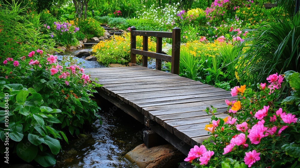 Serene and Vibrant Garden Landscape with Wooden Bridge Over Flowing Stream Surrounded by Colorful Flowers and Lush Greenery in Bright Daylight Serene and Vibrant Garden Landscape with Wooden Bridge Over Flowing Stream Surrounded by Colorful Flowers and Lush Greenery in Bright Daylight